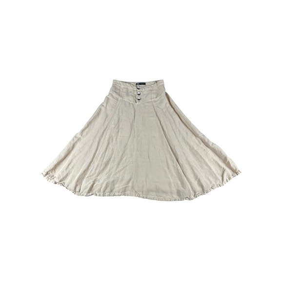 Zara Dresses & Skirts - Zara Midi Skirt Women M Tan Beige Linen Blend Cottagecore Boho Button High Waist